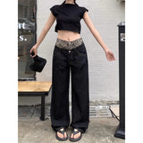 Anokhinaliza American Contrast Color Leopard Print Patchwork Casual Jeans Women 2024 Autumn New Fake Two-piece Loose Denim Wide Leg Pants