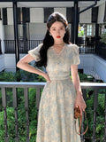 Anokhinaliza Korea Elegant Printed Dress Women Fashion Retro Puff Sleeve V Neck Midi Dress A Line Sundress Vestidos Lace Office Lady Dress