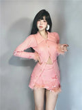 Anokhinaliza Elegant Pink Knitted Suit Korea Fashion 2 Piece Skirt Set Slim Casual Blouse + Bodycon Y2k Mini Skirt Party Casual Clothing