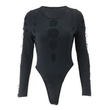 Anokhinaliza - Sexy Dot Hollow Out Bodysuit Y2K Gothic Punk Long Sleeves Bodycon T-shirt Women Autumn Streetwear Slim Bodice Bodysuits