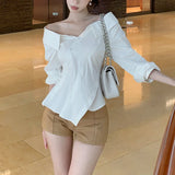 Anokhinaliza Korean Off-shoulder Sexy Slim Irregular Long-sleeved Shirt Women 2024 Summer New Streetwear Solid Color Casual Pleated Blouse