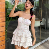 Anokhinaliza Y2K Sweet Women Strapless Tube Dress Summer Floral Print Backless Layered Ruffle Party Dress for Holiday Beach 00s Streetwear