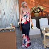 Anokhinaliza Floral Print Strapless Backless Bodycon Beach Maxi Dress For Women Summer 2024 Sleeveless Y2K Casaul Long  Sundress