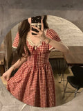 Anokhinaliza Elegant Red Plaid Midi Dresses for Women Lace Patchwork V-neck A-line Sweet Casual Summer New Party Dress Kawaii Vestidos Mujer