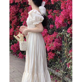 Anokhinaliza Elegant Square Collar White Dress Summer Fashion Puff Sleeve Ruffle Dress for Women 2024 Chic Vintage Maxi Dresses 2024  New