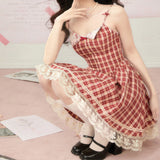 Anokhinaliza  Vintage Sweet Red Plaid Dress for Women Kawaii Elegant French Style Bow Lace Party Mini Dress Retro Lolita Pleated Dress