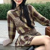 Anokhinaliza Autumn New Polo Collar Contrast Color Plaid Loose Long-sleeved Shirt Women + Casual Irregular A-line Skirt Two-piece Suit