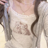 Anokhinaliza Cute Crop Tops for Sweet Girls Summer Lace Trim Two Cats Print Cropped Camis Kawaii Clothes