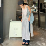 Anokhinaliza High Street Fashion Casual Thin White Sleeveless Dress Women 2024 Spring New Loose Chic Split All-match Mid-Length Dress