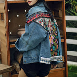 Anokhinaliza Boho Denim Jacket for Women Autumn Floral Appliques Embroidery Vintage Coat Long Sleeve Outerwear Female Jacket Coatee