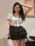 Anokhinaliza Summer France Elegant Two Piece Set Women Korean Vintage Party Mini Skirt Set Female Casual Knit Tops + Fashion Skirt