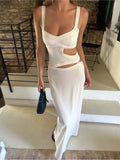 Anokhinaliza Cutout Waist Halter Long Dresses Socialite Evening Robes Sexy Temperament Beach Vacation Slimming Summer Women White Slip Dress