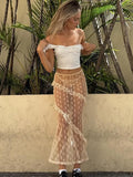 Anokhinaliza Fashion Sweet Ruffles Lace Skirts for Women 2024 Elegant High Waist See Through Long Skirt Streetwear Female Hollow Out Dresses