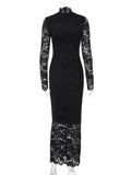 Anokhinaliza Elegant Chic Hollow Out Solid Black Lace Dresses for Women 2024 Long Sleeve High Waist Bodycon See-through Evening Party Dress