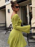 Anokhinaliza Autumn Winter Sweater Dress Sexy Off-Shoulder Women's A-Line Hem Elegant Rib Knit Mini Dresses Long Sleeve Higt Waisted