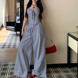 Anokhinaliza Summer New Korean Lace-up Pleated Sexy Slim Camisole Women + Contrast Color Striped Loose Wide Leg Pants Two-piece Suit