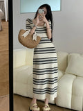 Anokhinaliza Summer Casual Striped Knitted Dress Women'S Elegant Slim Square Neck Midi Dresses Korean Vintage Short Sleeve Clothes Robe