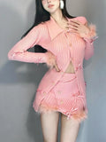 Anokhinaliza Elegant Pink Knitted Suit Korea Fashion 2 Piece Skirt Set Slim Casual Blouse + Bodycon Y2k Mini Skirt Party Casual Clothing