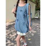 Anokhinaliza Summer New Streetwear Bow Splicing Loose Washed Denim Tank Tops Women + High Waist Casual Pleated Bud Skirt Two-piece Suit