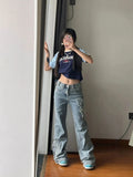 Anokhinaliza Spring Butterfly Embroidery Vintage Denim Women Jeans Women Retro High Waist  Long Jeans Light Blue Pants Trousers