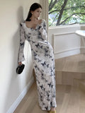 Anokhinaliza Spring Vintage Print Velvet Long Dresses Elegant Square Neck Slim Waist Evening Club Robe Mujer Vestidos Autumn Sexy Vestidos