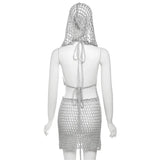 Anokhinaliza Y2k Sexy Two Piece Set Hollow Out Knit Sequin Hooded Crop Top And Mini Skirt Crochet Rave Festival Outfits For Women