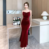 Anokhinaliza Sexy Vintage Split Velvet Spaghetti Strap Midi Dresses for Women Autumn Winter French Elegant Wedding Party Female Clothing