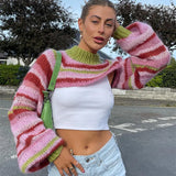 Anokhinaliza Y2K Cropped Knit Striped Smock Top Women Fashion Crochet Sweater Pullovers  Vintage Loose Long Sleeve Cover-ups Streetwear