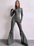 Anokhinaliza 2024 Spring Long Sleeve Zip-up Flare Pants Jumpsuits for Women Elegant O-neck High Waist Tunics Slim Overalls Female Streetwear