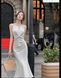 Anokhinaliza Sexy Sleeveless Satin Mermaid Long Dresses for Women Summer French Elegant Fashion Slim Solid Tank Evening Party Robe