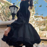 Anokhinaliza Long Sleeves Lolita Black Dress Goth Aesthetic Puff Sleeve High Waist Vintage Bandage Lace Trim Party Gothic Clothes Dress Woman