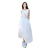 Anokhinaliza Summer Square Collar Embroider White Dress Women Elegant Party Solid Drawstring Female Sundress Fashion Chic Midi Dresses