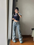 Anokhinaliza Spring Butterfly Embroidery Vintage Denim Women Jeans Women Retro High Waist  Long Jeans Light Blue Pants Trousers