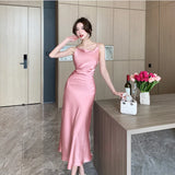 Anokhinaliza Summer Sexy Backless Satin Midi Dresses for Women Elegant Party Sleeveless Casual Vintage Robe Female Fashion Prom Clothes