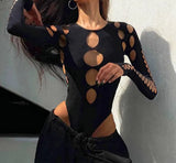 Anokhinaliza - Sexy Dot Hollow Out Bodysuit Y2K Gothic Punk Long Sleeves Bodycon T-shirt Women Autumn Streetwear Slim Bodice Bodysuits