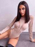 Anokhinaliza New 2024 Long Sleeve Mesh Patchwork Bodysuit Women O-neck See-through Sexy Tops One Piece Night Club Outfit T-shirt Streetwear