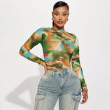 Anokhinaliza Women Green Angle Vintage Paint Print Tshirt O Neck Full Sleeve Casual Tee Blouse Autumn Versatile Undershirt Fashion