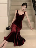 Anokhinaliza Elegant Burgundy Party Prom Dress Spring Summer Solid Sleeveless Velvet Wedding Robe Lady Bodycon Spaghetti Strap Vestido Mujers