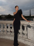 Anokhinaliza One Shoulder Feather Dress Black Sexy Fur Collar Party Socialite Evening Robes Women Slimming Wrap Hip Fishtail Long Dresses