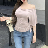 Anokhinaliza Off-shoulder Pleated Solid Color Sexy Slim Short-sleeved T-shirt Women 2024 Summer New High Street Fashion All Match Crop Tops