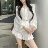 Anokhinaliza Autumn New Korean V-neck Lace Up Loose Casual Long-sleeved Shirt Women + High Waist Pleated White Shorts Two-piece Suit