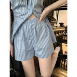 Anokhinaliza  Summer New Japanese Contrast Color Striped Bow Casual Short-sleeved Dress Women + High Waist Loose Shorts Two-piece Suit