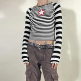 Anokhinaliza 90s Vintage E-girl Emo Clothes Striped long sleeved T-shirt Y2K Grunge Knitted Autumn Tees Harajuku stars graphical Tee Streetwe