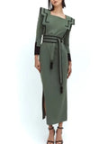 Anokhinaliza Women Elegant Slim Green Lace Up Spliced Midi Dress Chic Square Neck Long Sleeves Slit Vestidos 2024 Chic Female High Streetwear