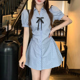 Anokhinaliza  Summer New Japanese Contrast Color Striped Bow Casual Short-sleeved Dress Women + High Waist Loose Shorts Two-piece Suit