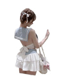 Anokhinaliza Japan Kawaii Sweet Patchwork Lace Two Piece Set Women Fashion Y2k Harajuku Bow Cartoon Slim Tops Skirt Soft Girl Behind Bow Tie