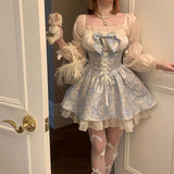 Anokhinaliza Lolita Princess Dress Women Party Y2k Bandage Blue Cosplay Costumes Japanese Puff Sleeve Ribbon Square Neck Bowknot Mini Dress