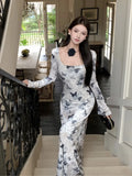 Anokhinaliza Spring Vintage Print Velvet Long Dresses Elegant Square Neck Slim Waist Evening Club Robe Mujer Vestidos Autumn Sexy Vestidos