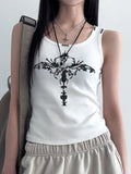 Anokhinaliza Rivet Gothic Print Graphic Tank Top Street Wear Grunge Y2k Clothes White Ribbed Sleeveless Tops Women