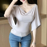 Anokhinaliza Off-shoulder Pleated Solid Color Sexy Slim Short-sleeved T-shirt Women 2024 Summer New High Street Fashion All Match Crop Tops